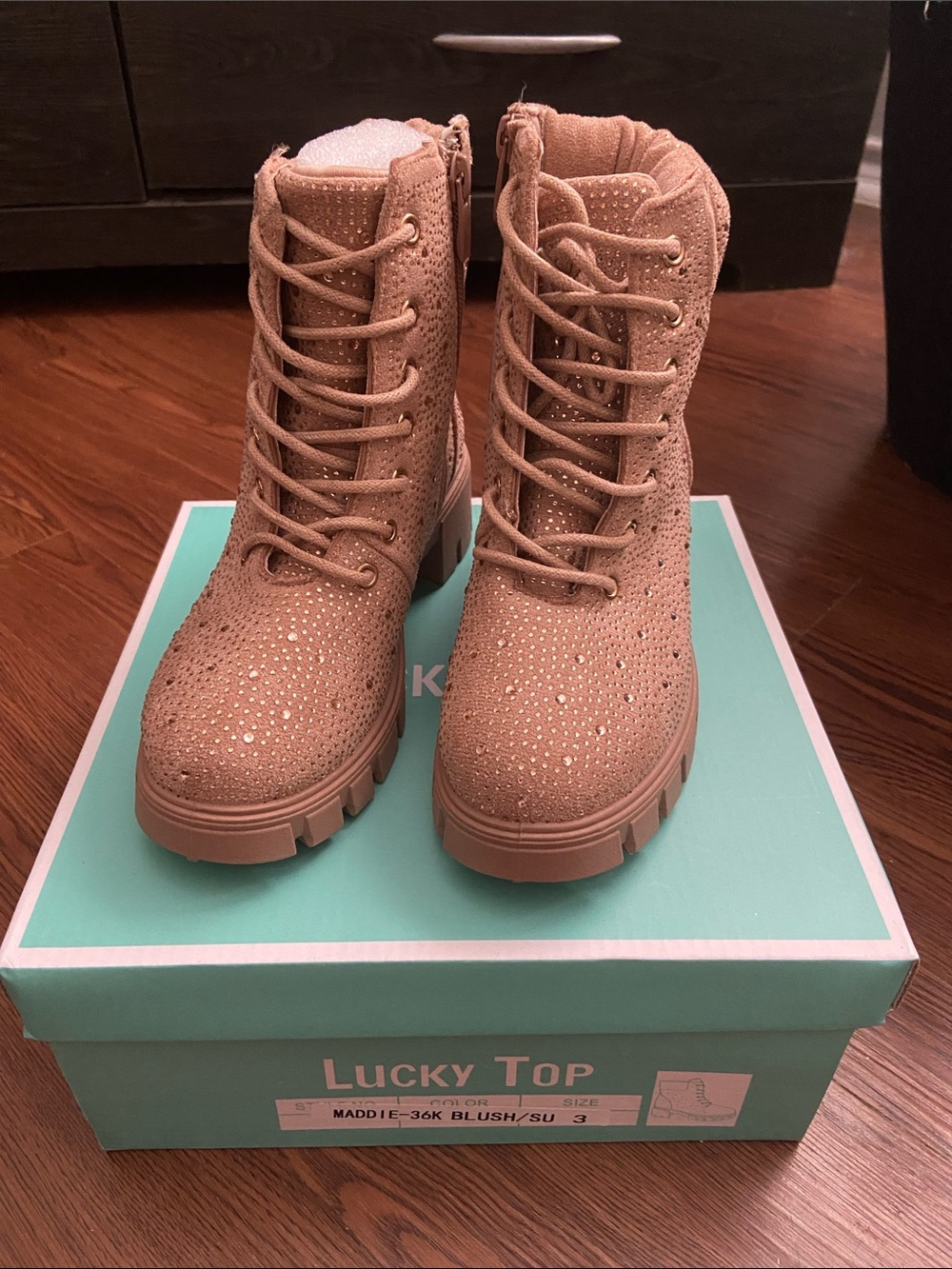 Lucky Top Blush Lace-Up Suede Combat Boots with Sparkle